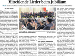 "Mitreißende Lieder beim Jubiläum", Weinheimer Nachrichten 26. Oktober 2024